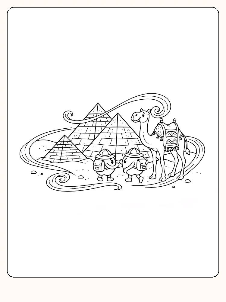 Tegning til farvelægning af pyramider, en kamel og to små eventyrere i ørkenen, klar til print