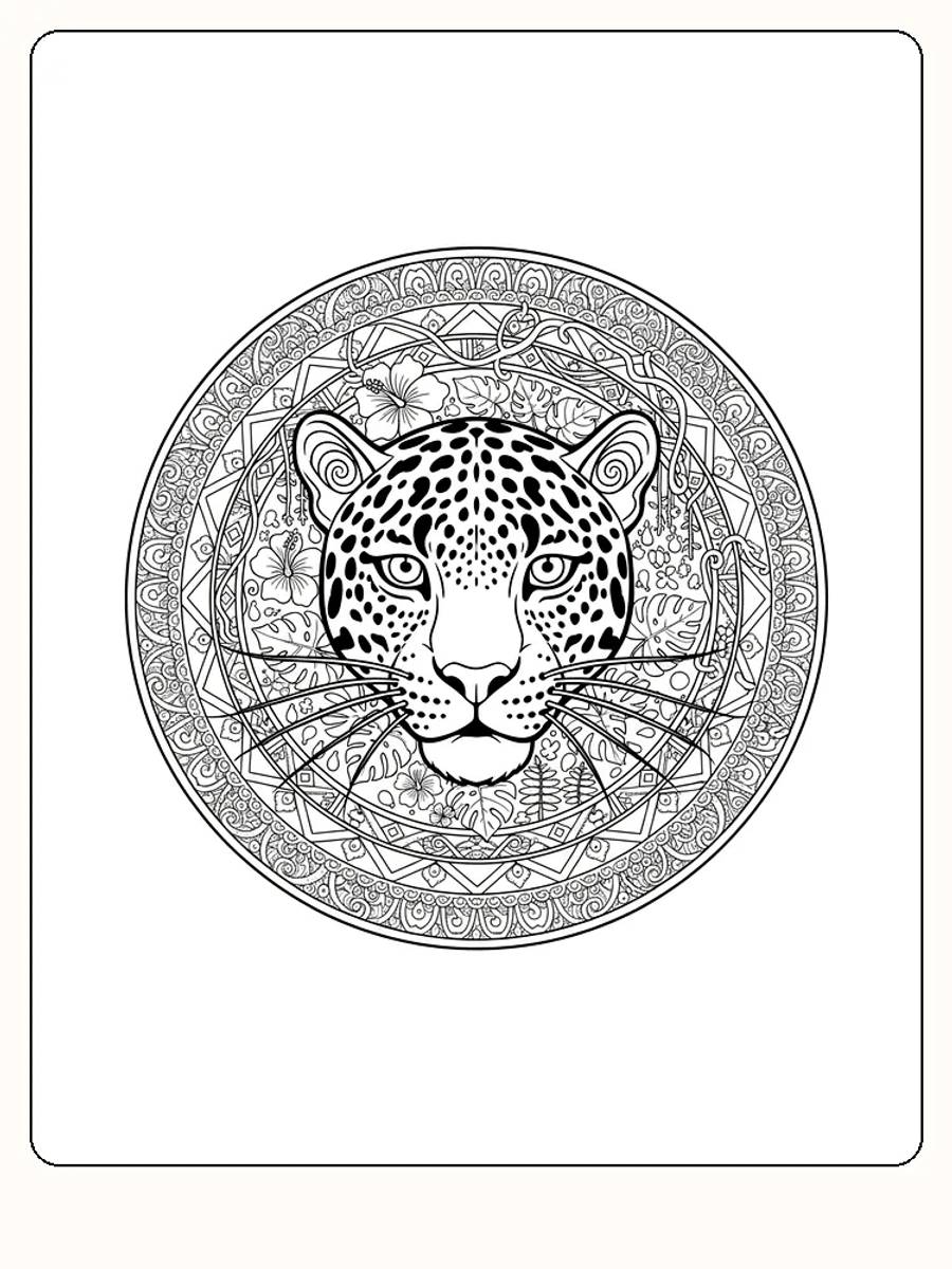 Detaljert mandala av et jaguarhode omgitt av blomster og mønstre, klar for fargelegging