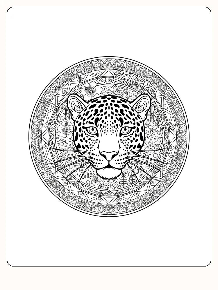Detaljert mandala av et jaguarhode omgitt av blomster og mønstre, klar for fargelegging