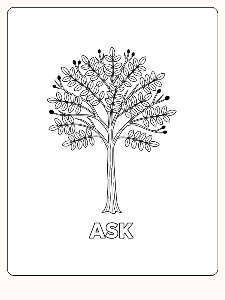 Fargelegging av et ask-tre med mange blader, klar for utskrift