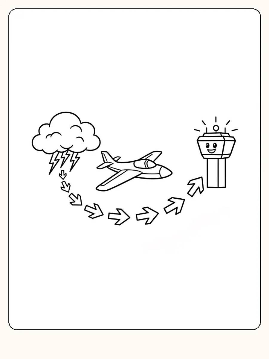 Målarbild av ett flygplan som navigerar från en åskmoln mot ett kontrolltorn.