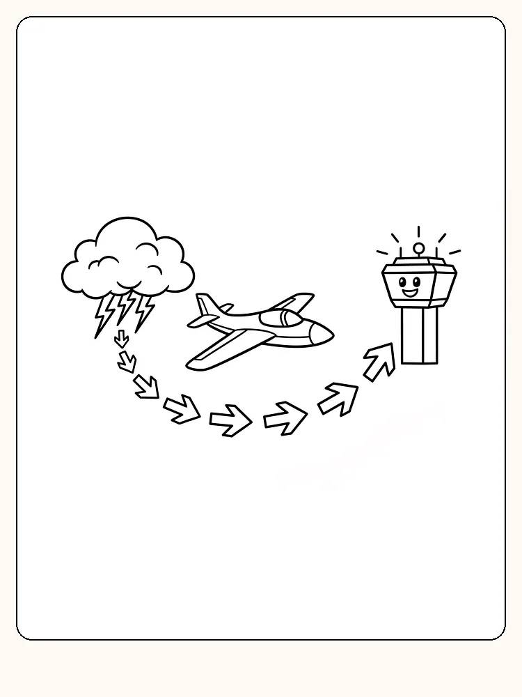 Målarbild av ett flygplan som navigerar från en åskmoln mot ett kontrolltorn.