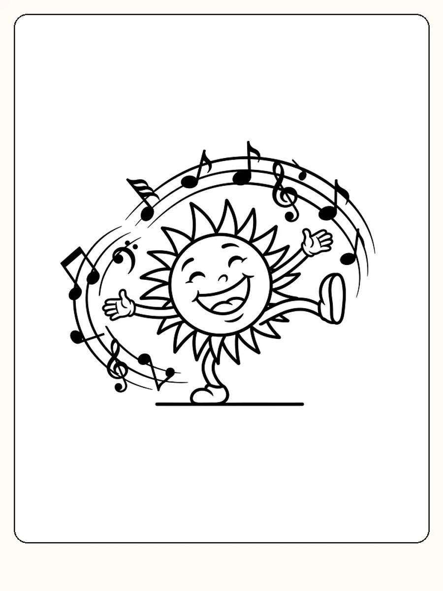 Fargelegging av en glad sol som danser med noter rundt seg, klar for å fargelegges