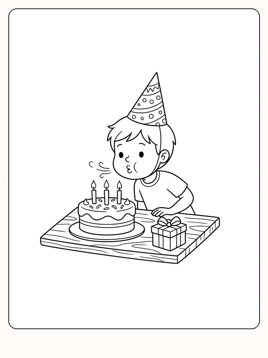 Anniversaire : un enfant en chapeau de fête souffle les bougies d'un gâteau rond, avec un petit paquet cadeau à côté