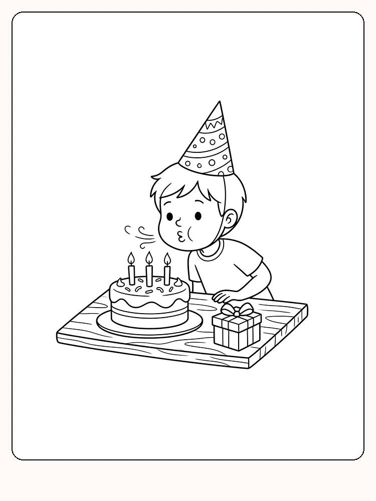 Anniversaire : un enfant en chapeau de fête souffle les bougies d'un gâteau rond, avec un petit paquet cadeau à côté