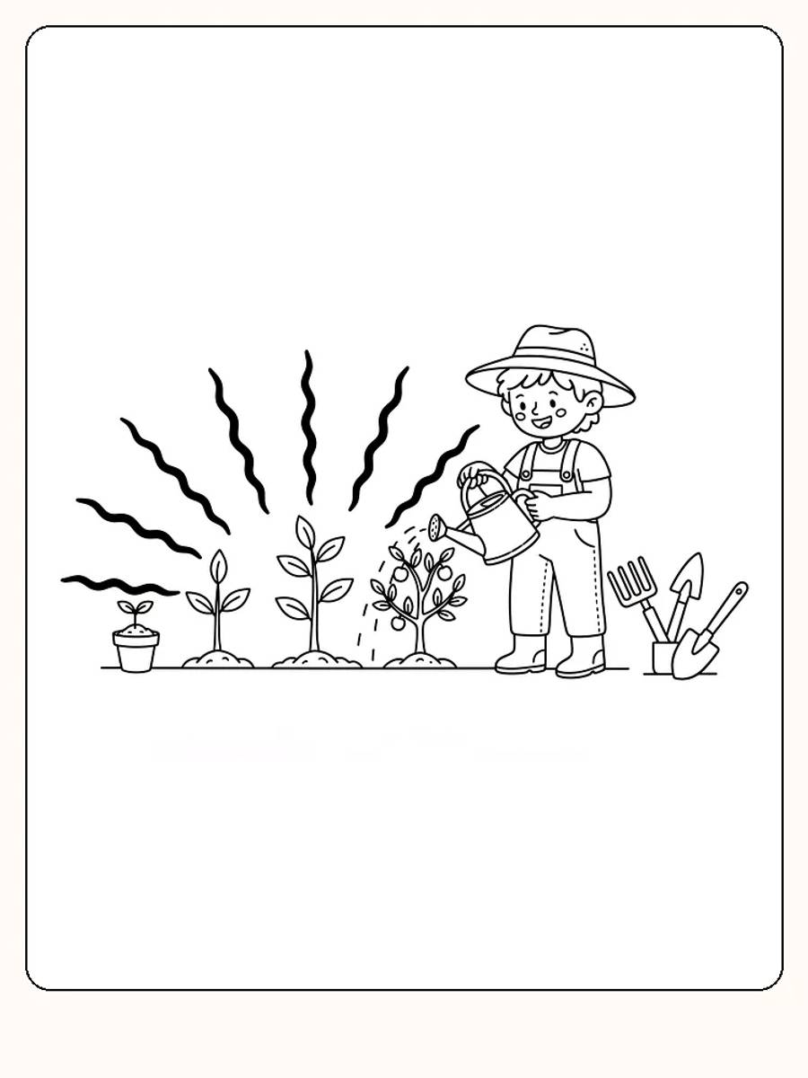 Tegning til farvelægning af et barn med hat, der vander planter, perfekt til print
