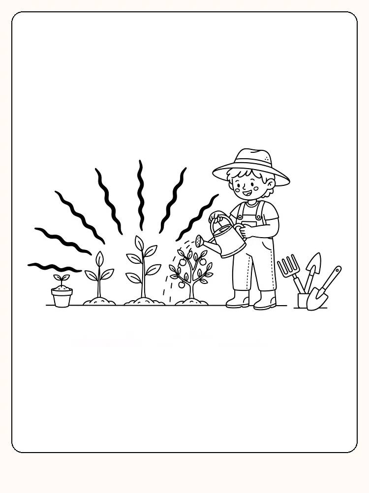 Tegning til farvelægning af et barn med hat, der vander planter, perfekt til print