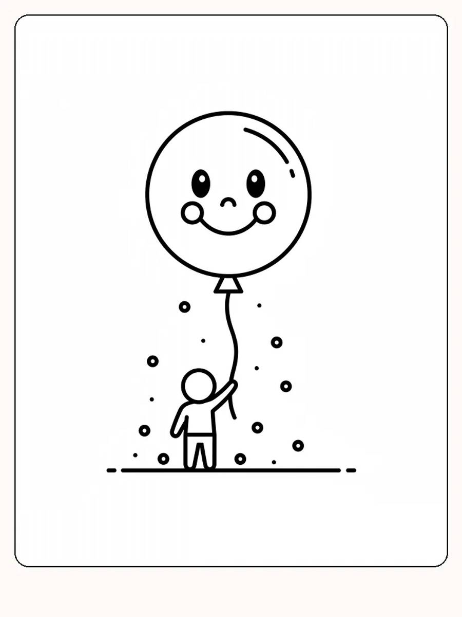 Tegning til farvelægning af en mand med en ballon med smilende ansigt, som børn kan farvelægge
