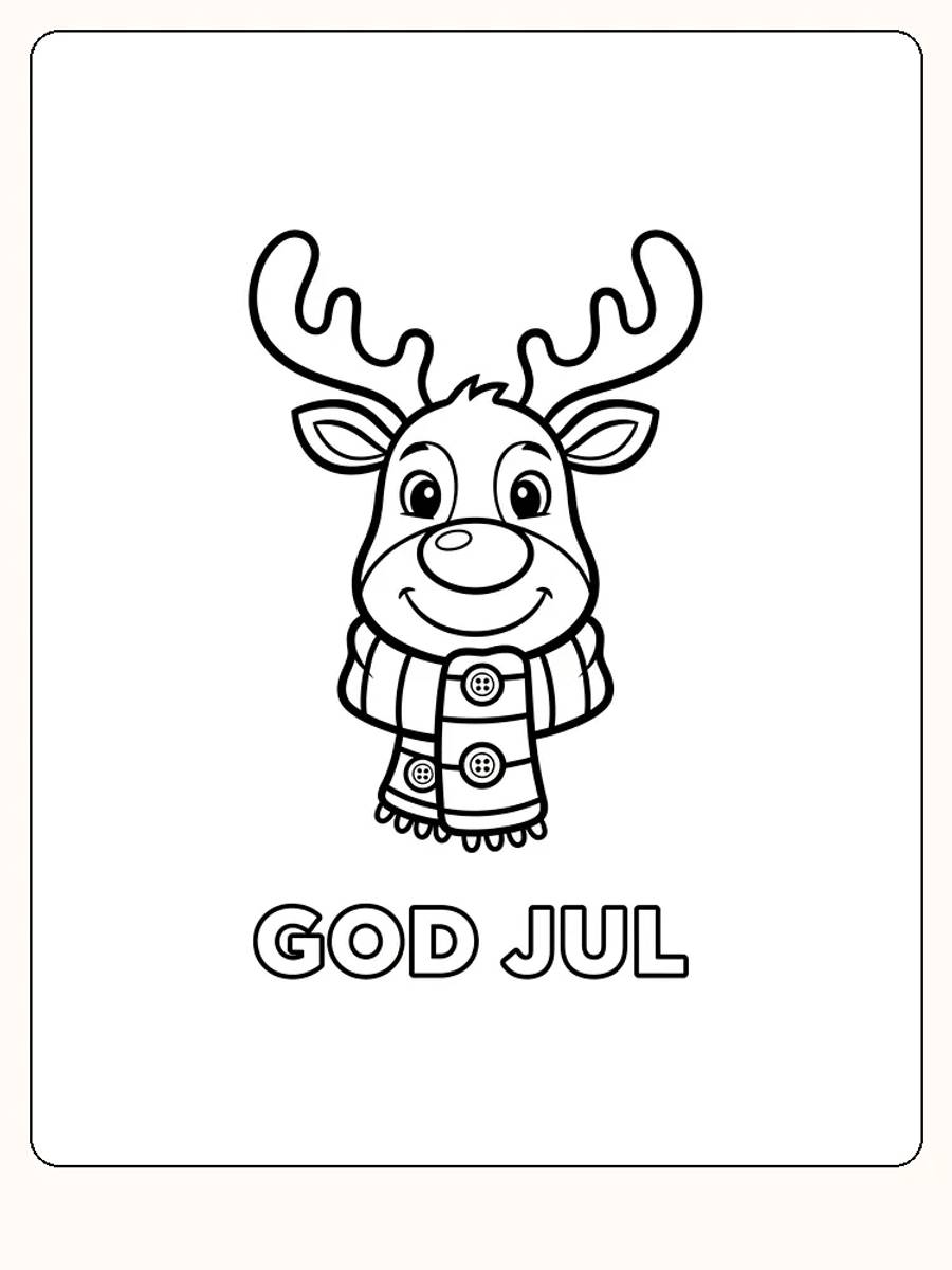 Fargeleggingstegning av en smilende juleelg med skjerf, klar for utskrift
