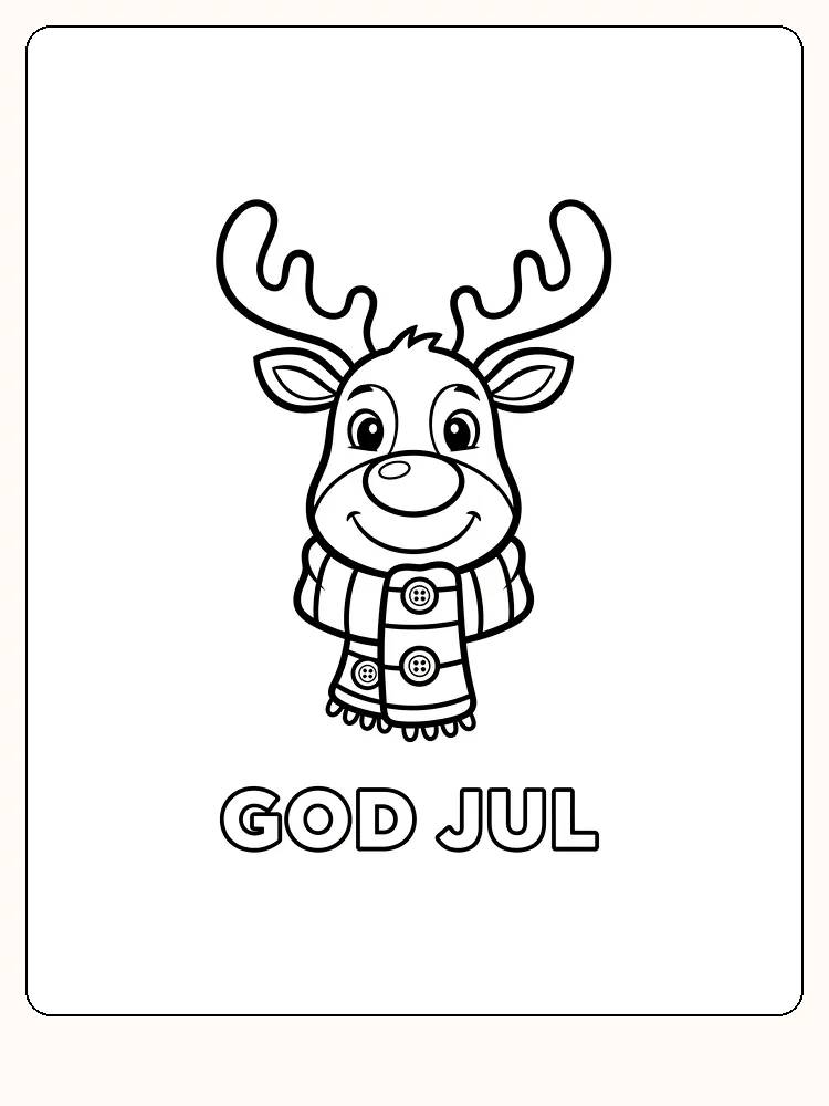 Fargeleggingstegning av en smilende juleelg med skjerf, klar for utskrift