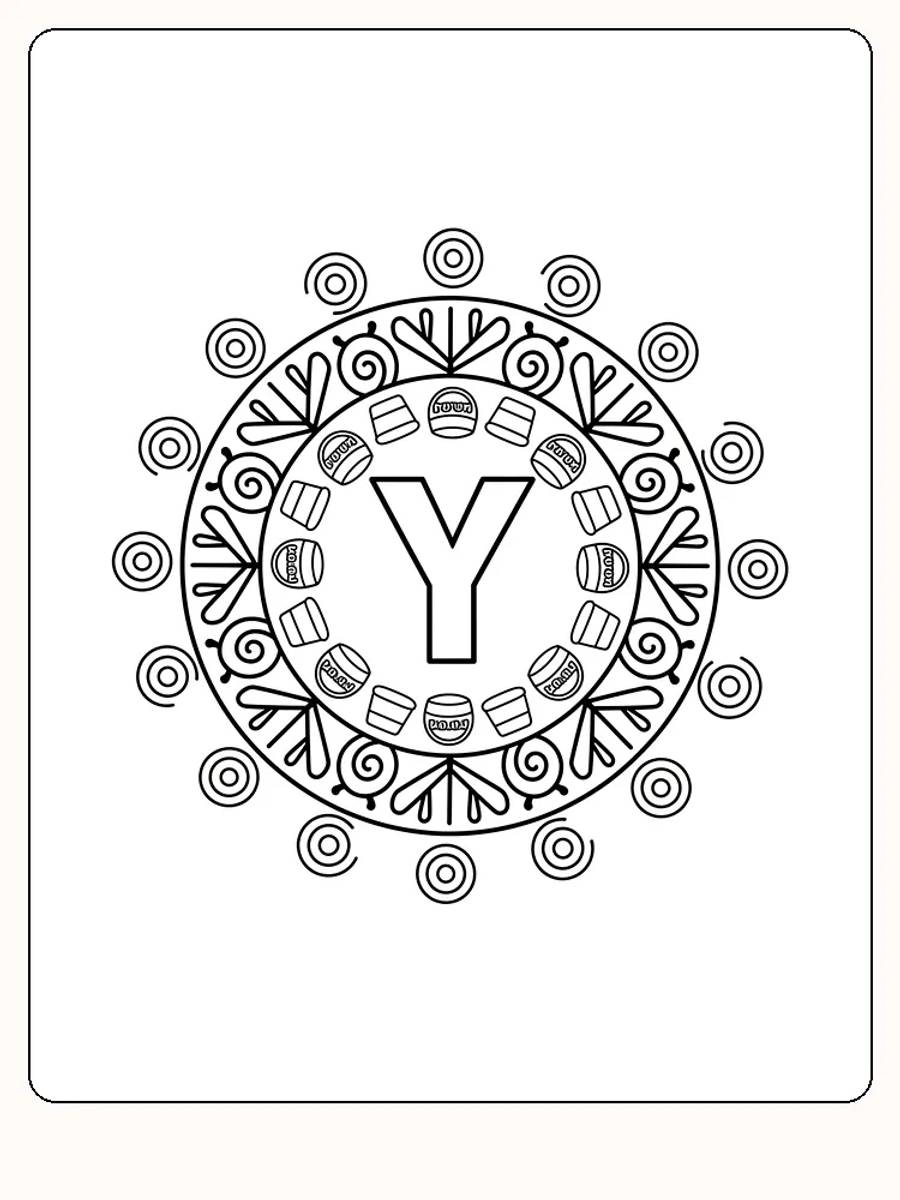 Detaljert mandala med bokstav Y for fargelegging