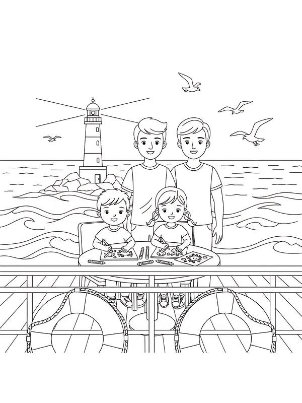 Familie på molen med fyrtårn