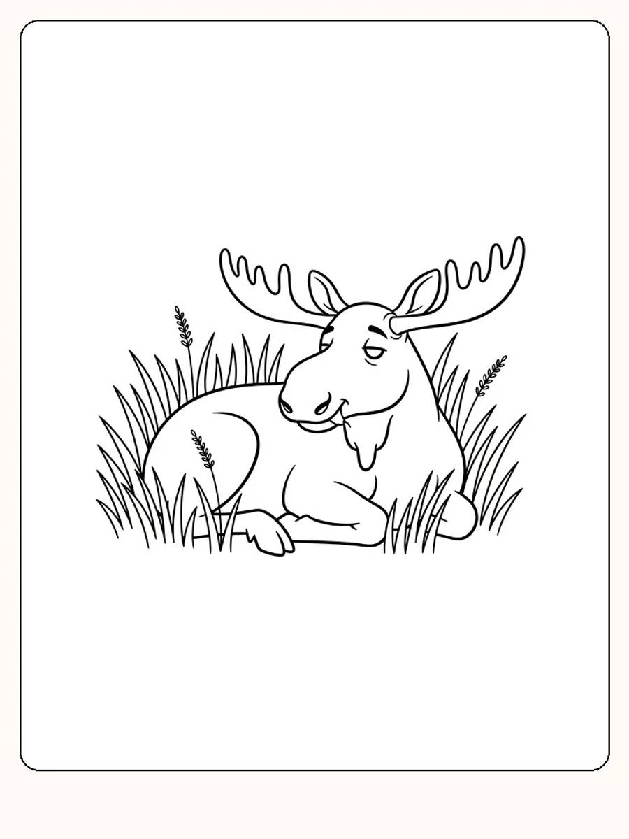 Tegning til farvelægning af en elg, der ligger afslappet i græsset, klar til print