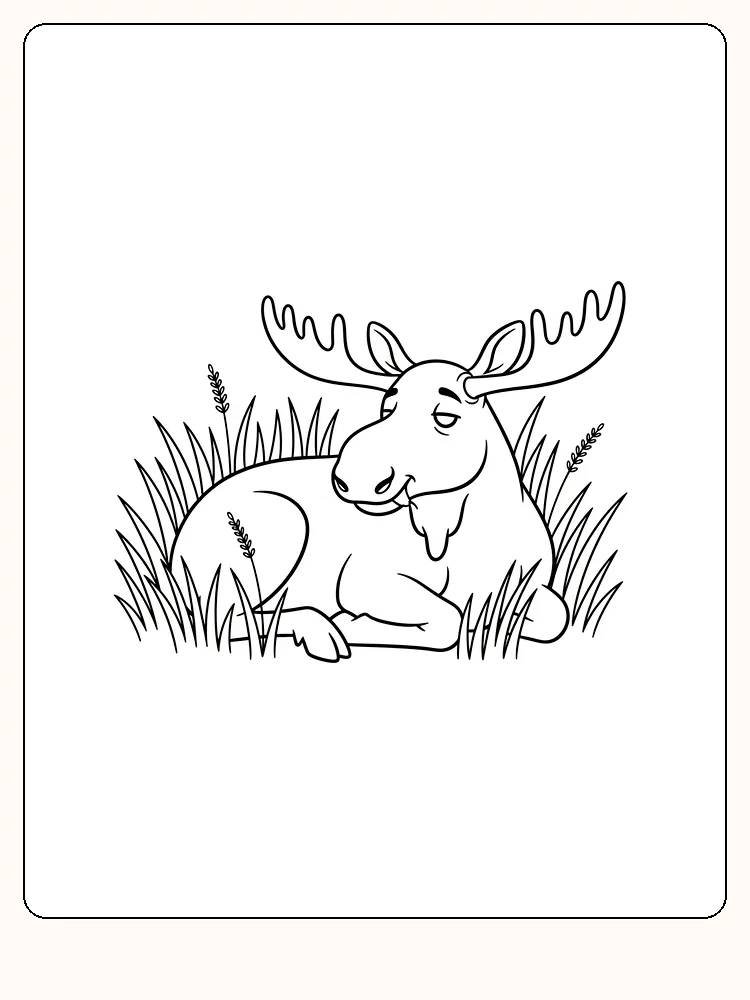 Tegning til farvelægning af en elg, der ligger afslappet i græsset, klar til print