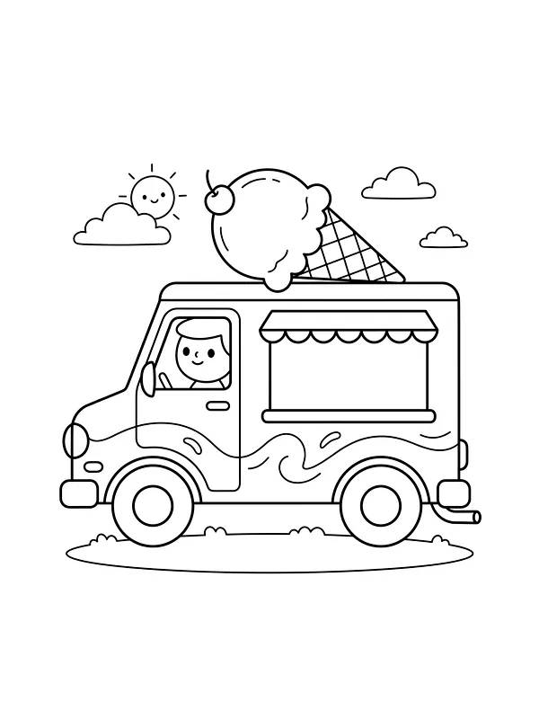 Camion de glaces souriant avec une grosse boule de glace