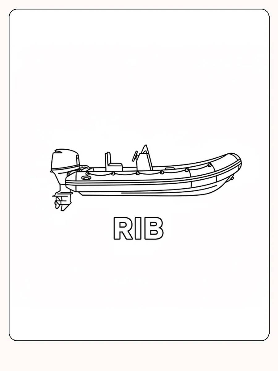 Ausmalbild eines RIB-Bootes, einfach zum Ausdrucken und Ausmalen.