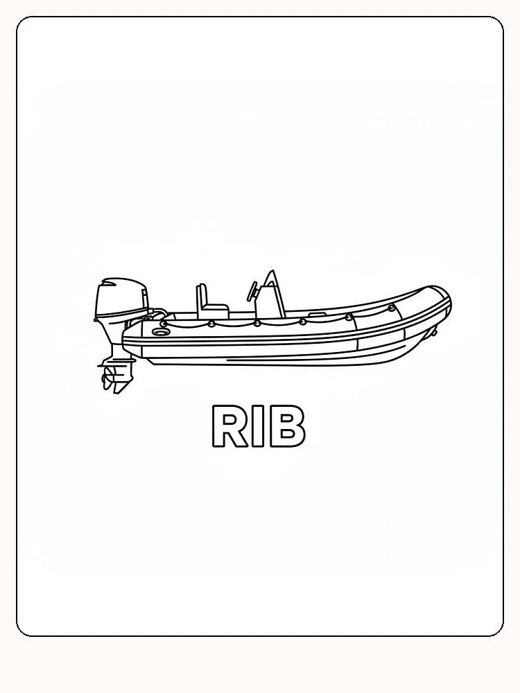 Ausmalbild eines RIB-Bootes, einfach zum Ausdrucken und Ausmalen.