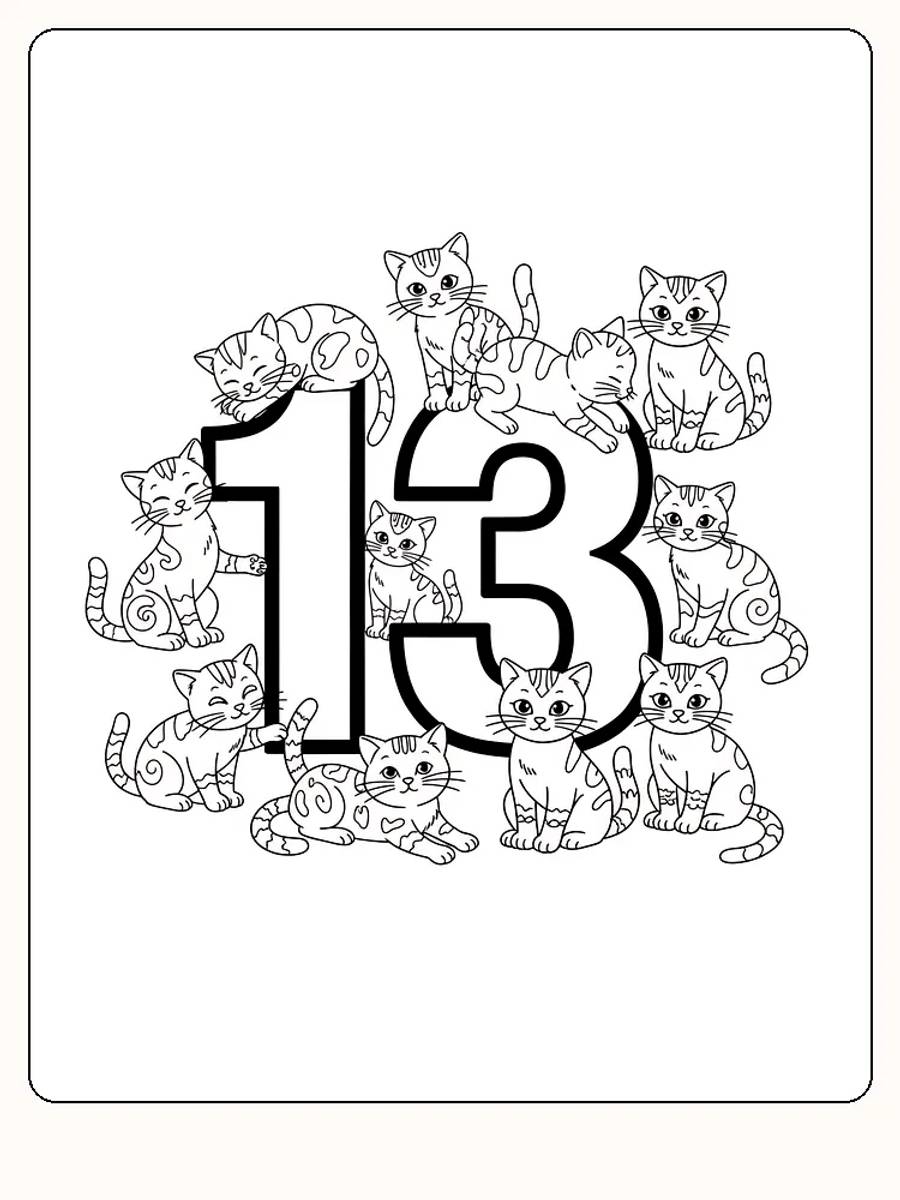 Ausmalbild von mehreren Katzen, die die Zahl 13 umgeben, bereit zum Ausdrucken.