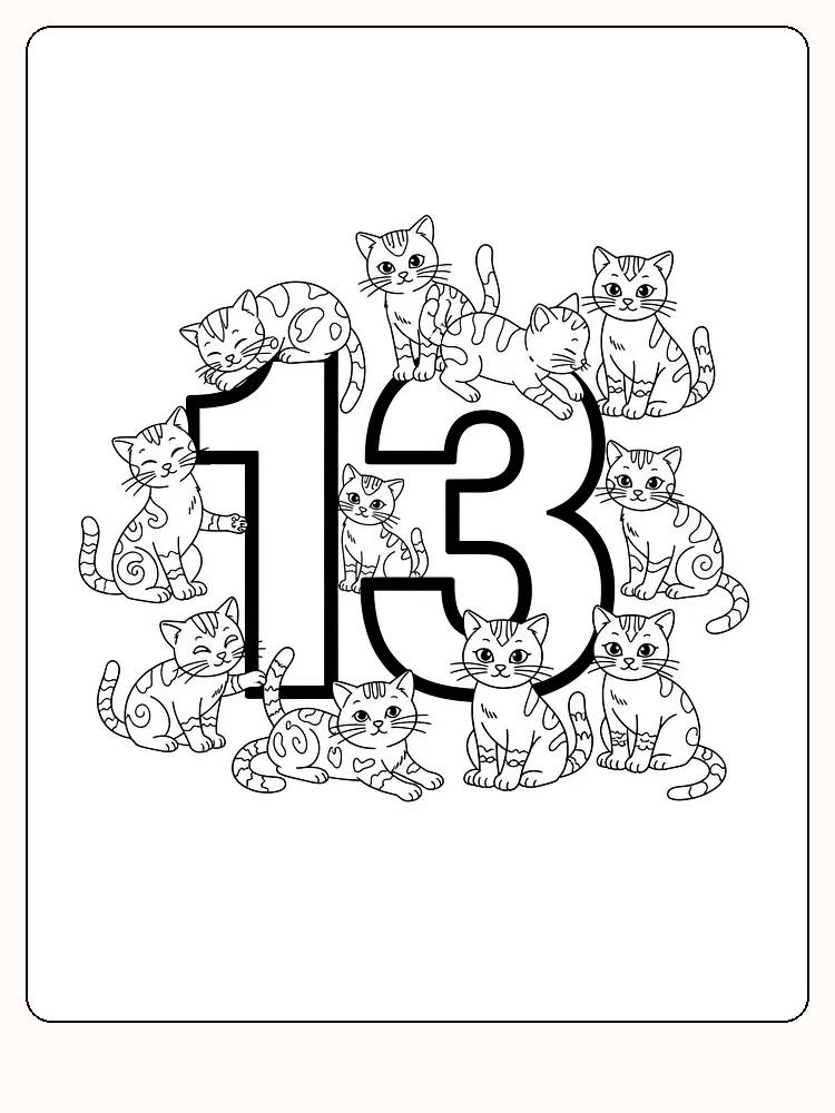 Ausmalbild von mehreren Katzen, die die Zahl 13 umgeben, bereit zum Ausdrucken.