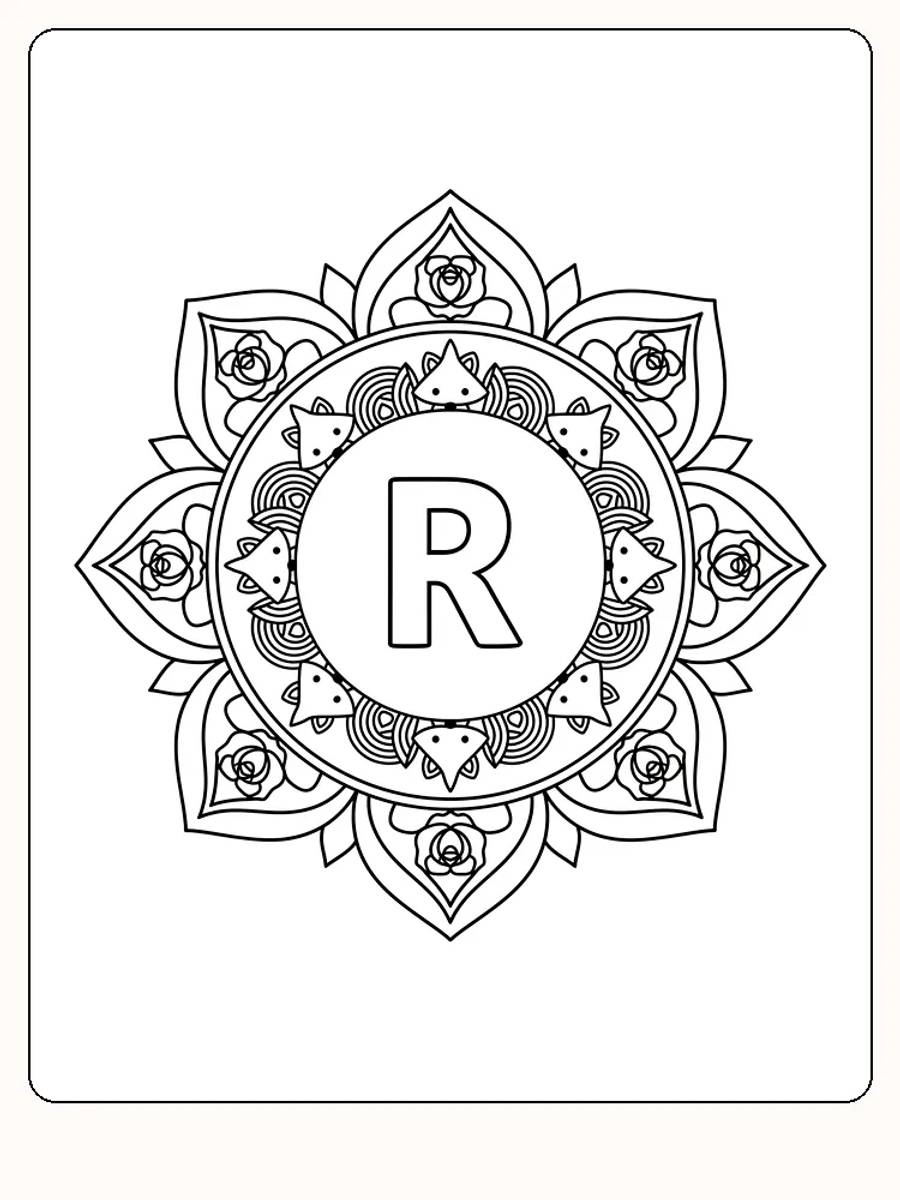 Mandala med bokstav R omgitt av dekorative katter og blomster for fargelegging