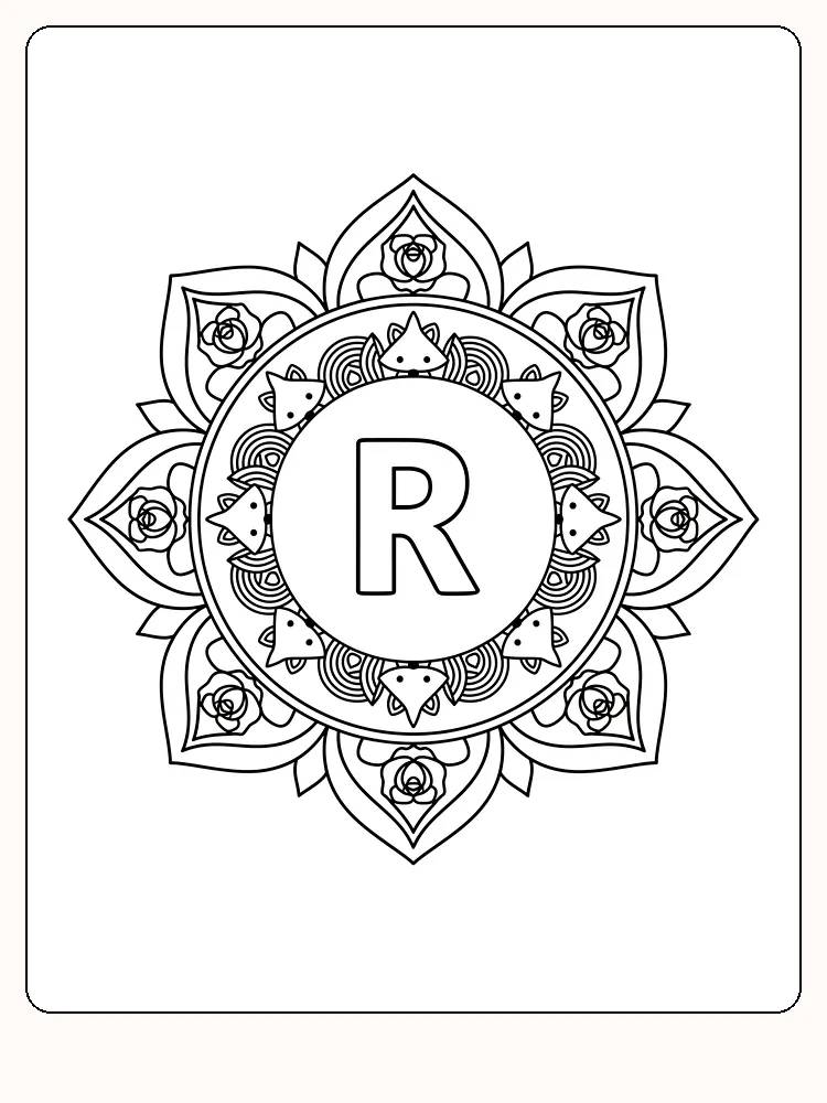 Mandala med bokstav R omgitt av dekorative katter og blomster for fargelegging