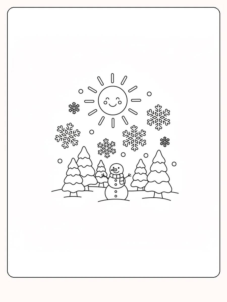Fargeleggingstegning av snømann omgitt av snøfnugg og sol, klar for utskrift