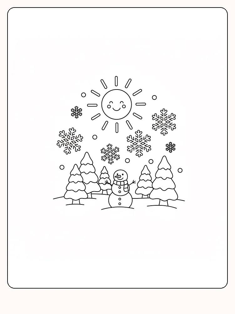 Fargeleggingstegning av snømann omgitt av snøfnugg og sol, klar for utskrift
