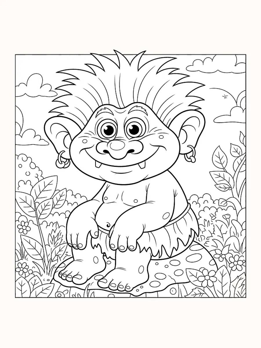 Fargeleggingstegning av et sittende troll med stort smil, omgitt av blomster og trær