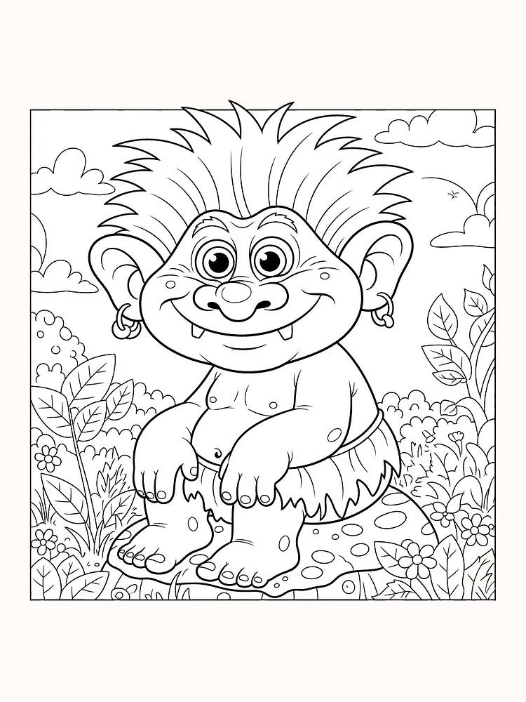 Fargeleggingstegning av et sittende troll med stort smil, omgitt av blomster og trær