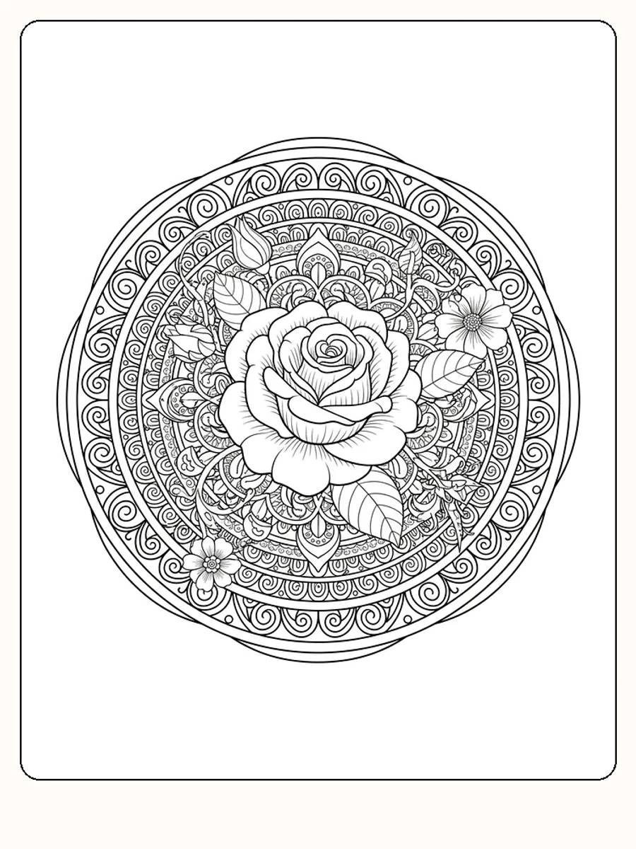 Detaillierte Mandala mit einer Rose im Zentrum, umgeben von stilisierten Blumen zum Ausmalen.