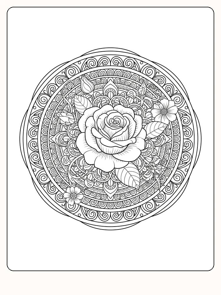 Detaillierte Mandala mit einer Rose im Zentrum, umgeben von stilisierten Blumen zum Ausmalen.