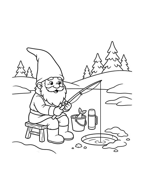 Nisse med fiskestang ved hul i isen
