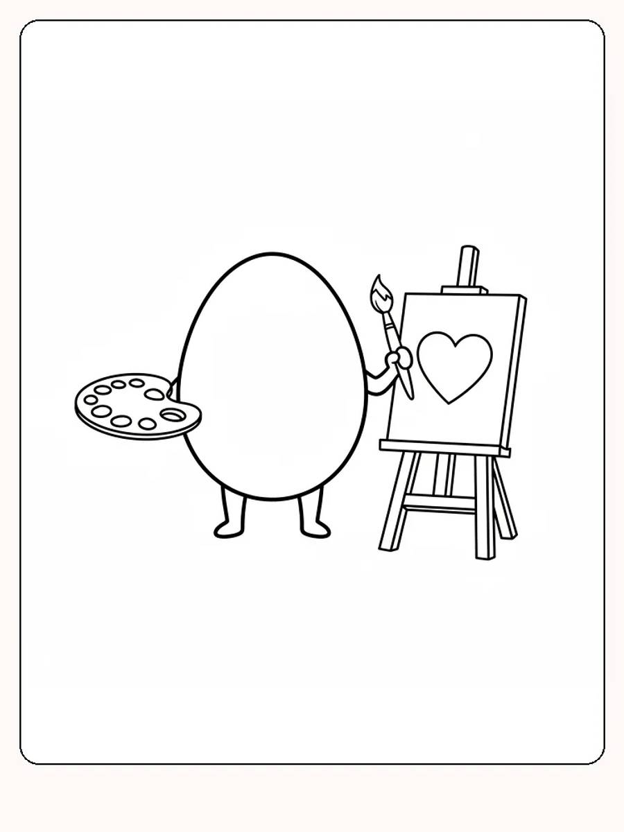 Tegning til farvelægning af en ægformet figur, der maler et hjerte på et lærred, klar til print