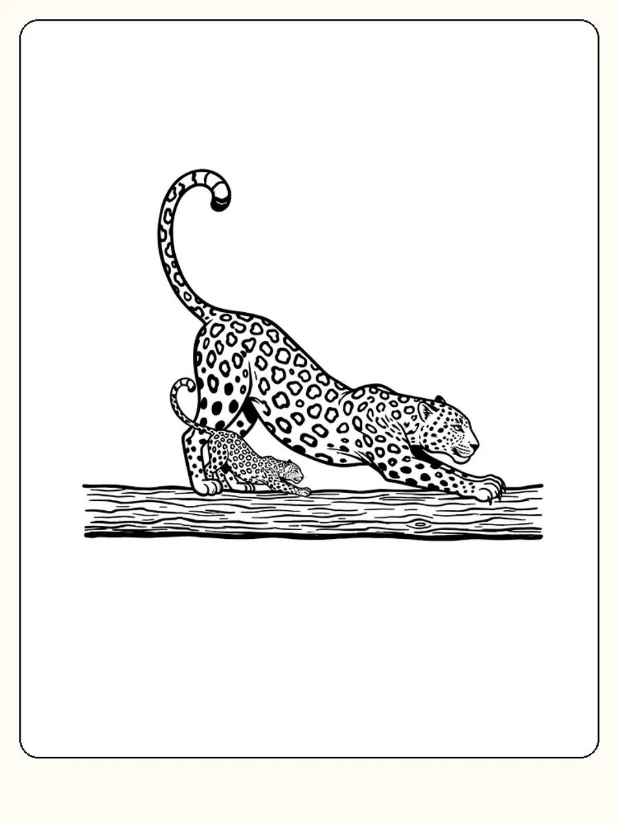 Fargeleggingsbilde av en leopard som strekker seg på en tregren, klar for utskrift