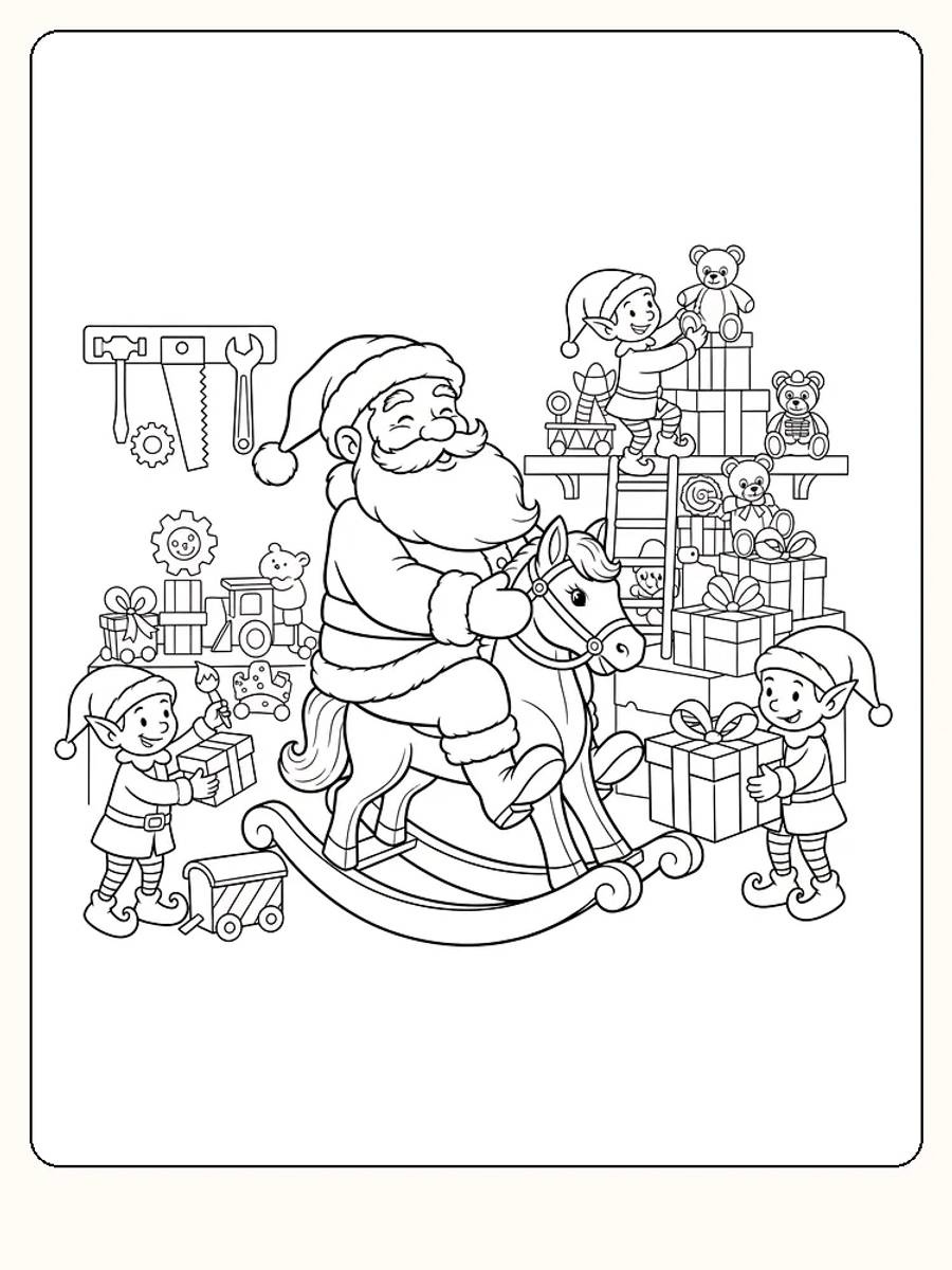 Tegning til farvelægning af julemanden på gyngehest, omgivet af nisser og gaver, klar til print