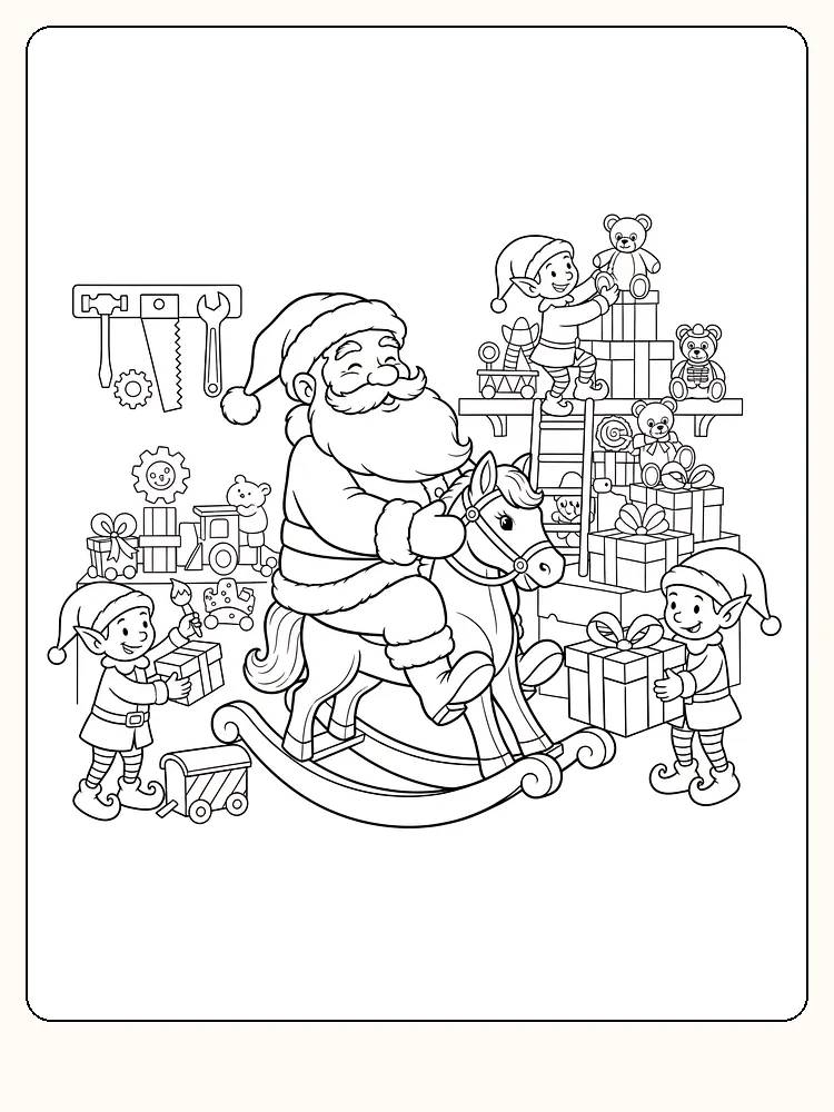 Tegning til farvelægning af julemanden på gyngehest, omgivet af nisser og gaver, klar til print