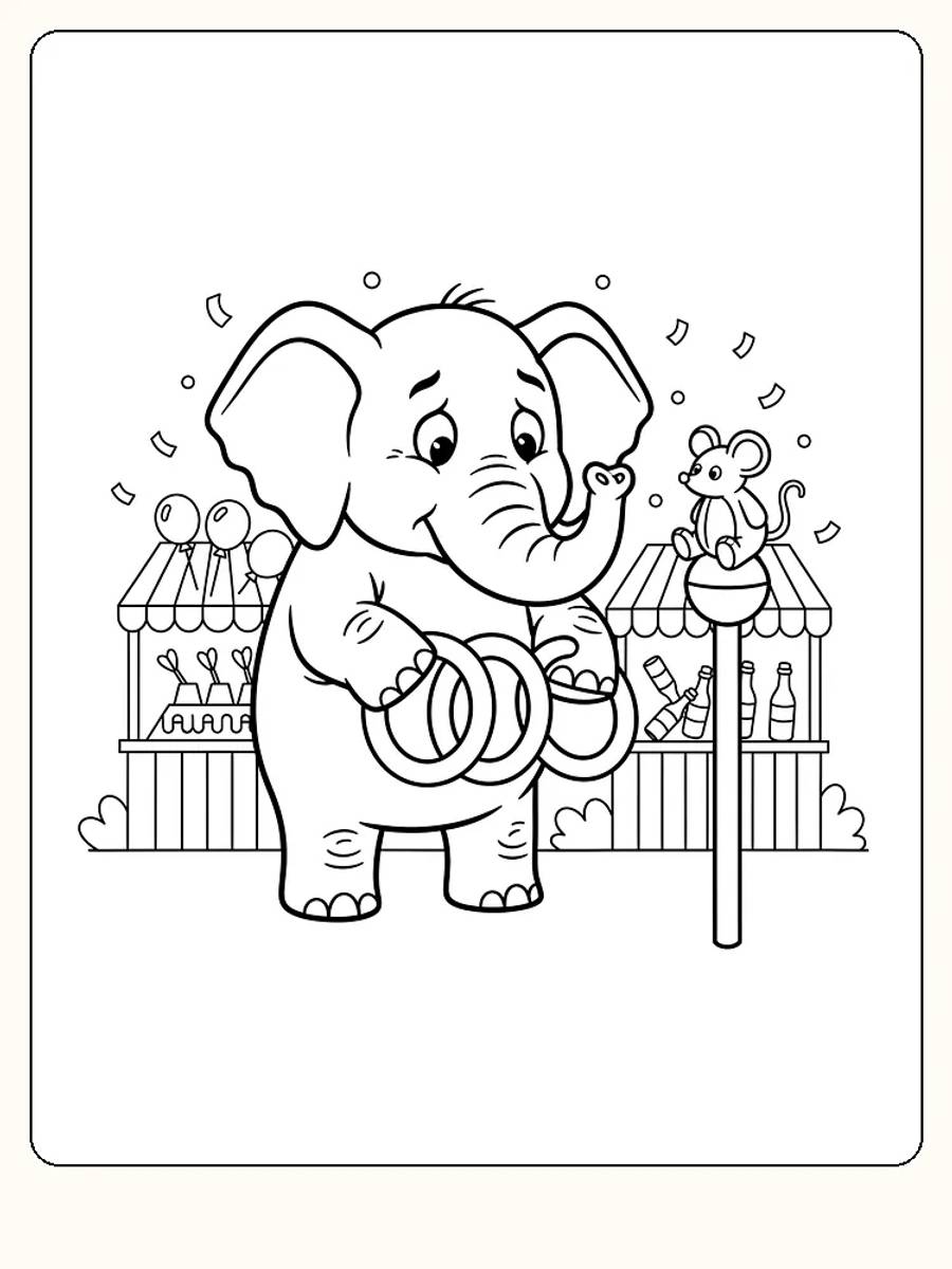 Fargeleggingstegning av elefant med ringer og mus, sirkusatmosfære