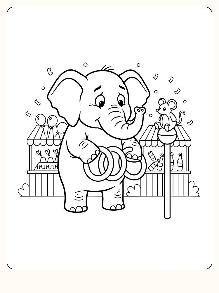 Fargeleggingstegning av elefant med ringer og mus, sirkusatmosfære