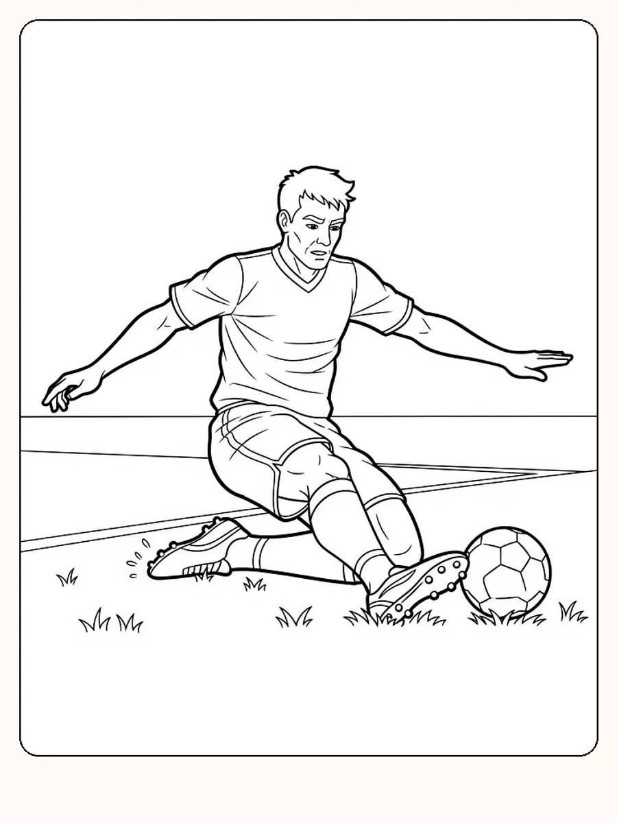 Fargeleggingstegning av fotballspiller som sklir for å takle en ball, klar for utskrift