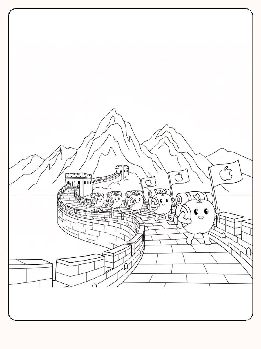Tegning til farvelægning af æblefigurer med rygsække og flag, der marcherer langs Den Kinesiske Mur
