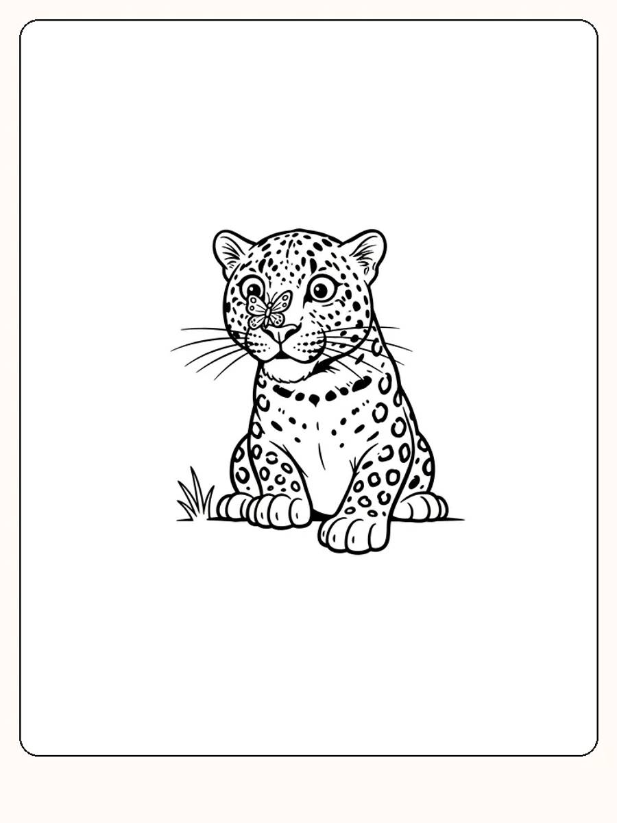 Fargeleggingstegning av en sittende leopard med en sommerfugl på snuten, klar for utskrift