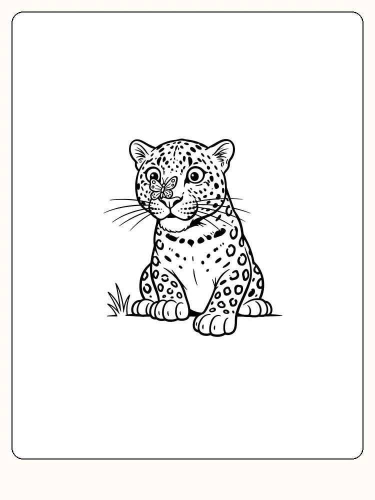 Fargeleggingstegning av en sittende leopard med en sommerfugl på snuten, klar for utskrift