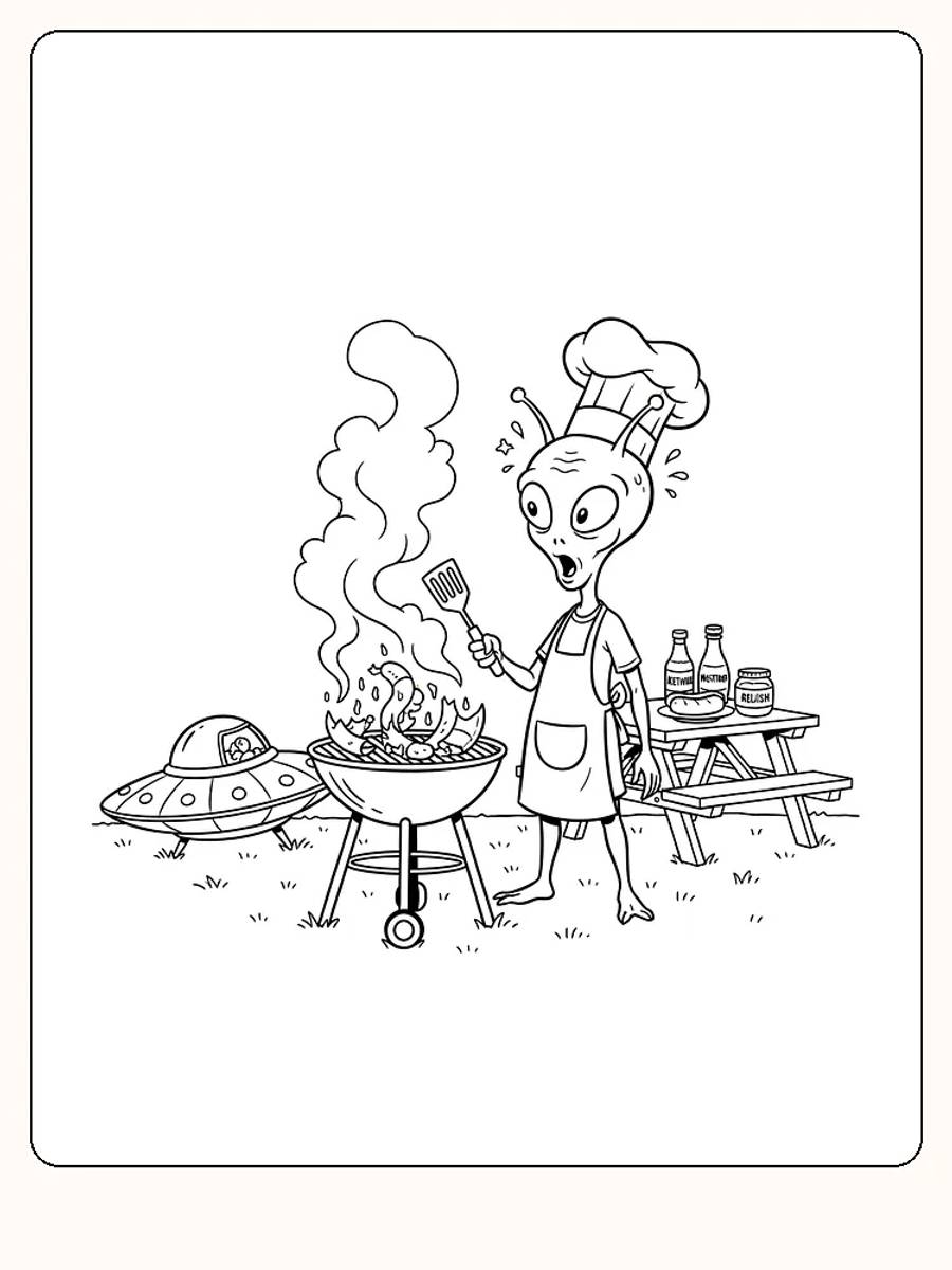 Tegning til farvelægning af et rumvæsen, der griller ved siden af et picnicbord og en UFO