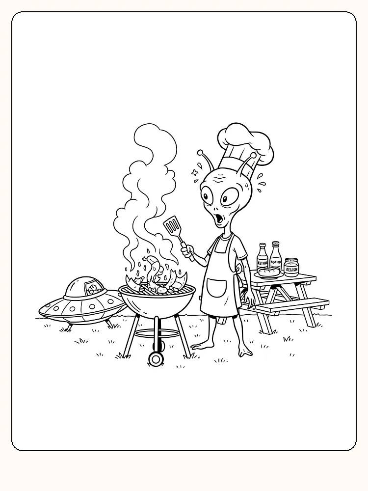 Tegning til farvelægning af et rumvæsen, der griller ved siden af et picnicbord og en UFO