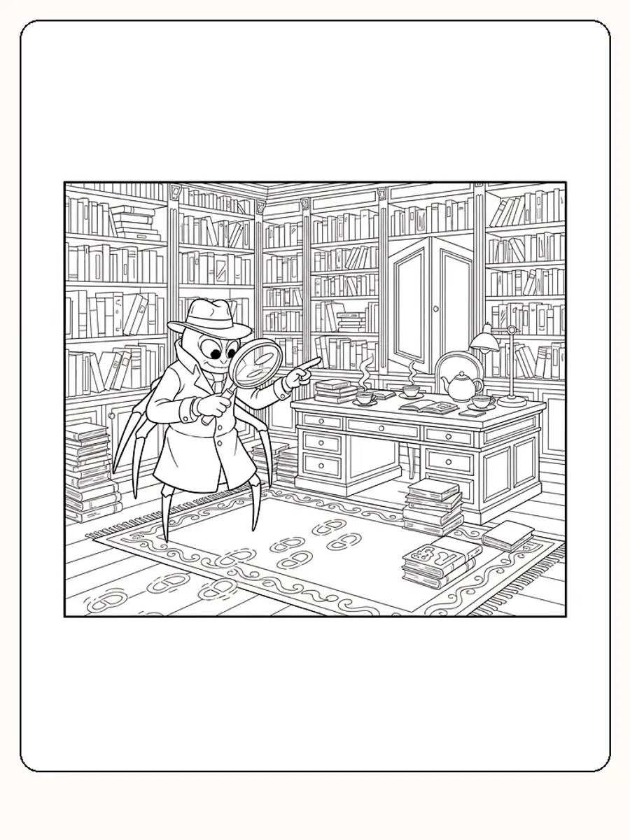 Tegning til farvelægning af en edderkopdetektiv med forstørrelsesglas i et bibliotek, perfekt til print