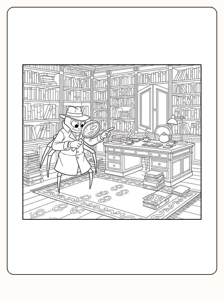 Tegning til farvelægning af en edderkopdetektiv med forstørrelsesglas i et bibliotek, perfekt til print