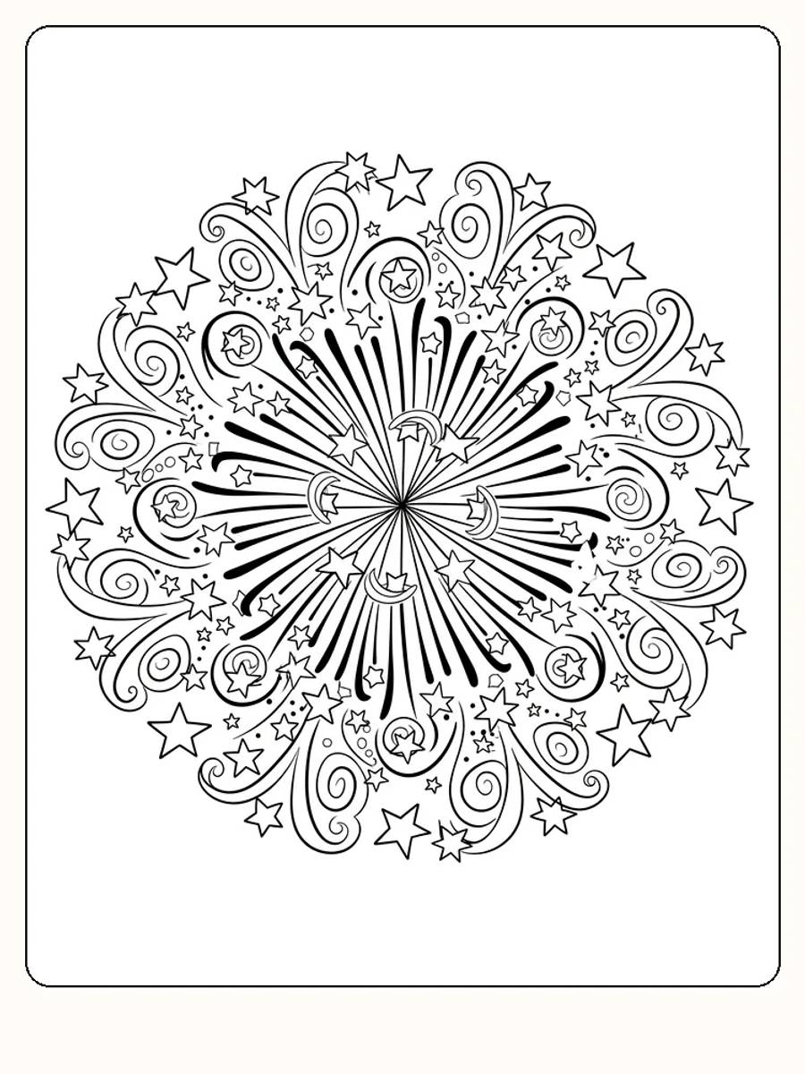 Detaljert mandala med stjerner, måner og krøller, klar til fargelegging