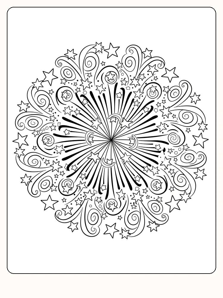 Detaljert mandala med stjerner, måner og krøller, klar til fargelegging