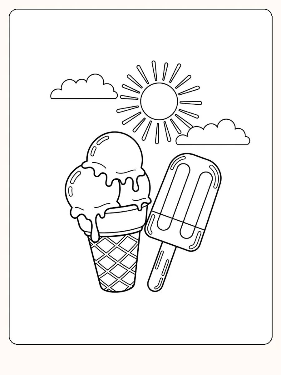 Fargeleggingstegning av iskrem, sol og skyer, perfekt for sommerlige stunder