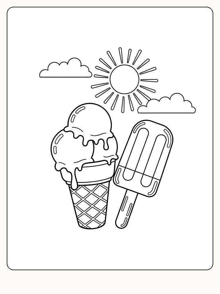 Fargeleggingstegning av iskrem, sol og skyer, perfekt for sommerlige stunder